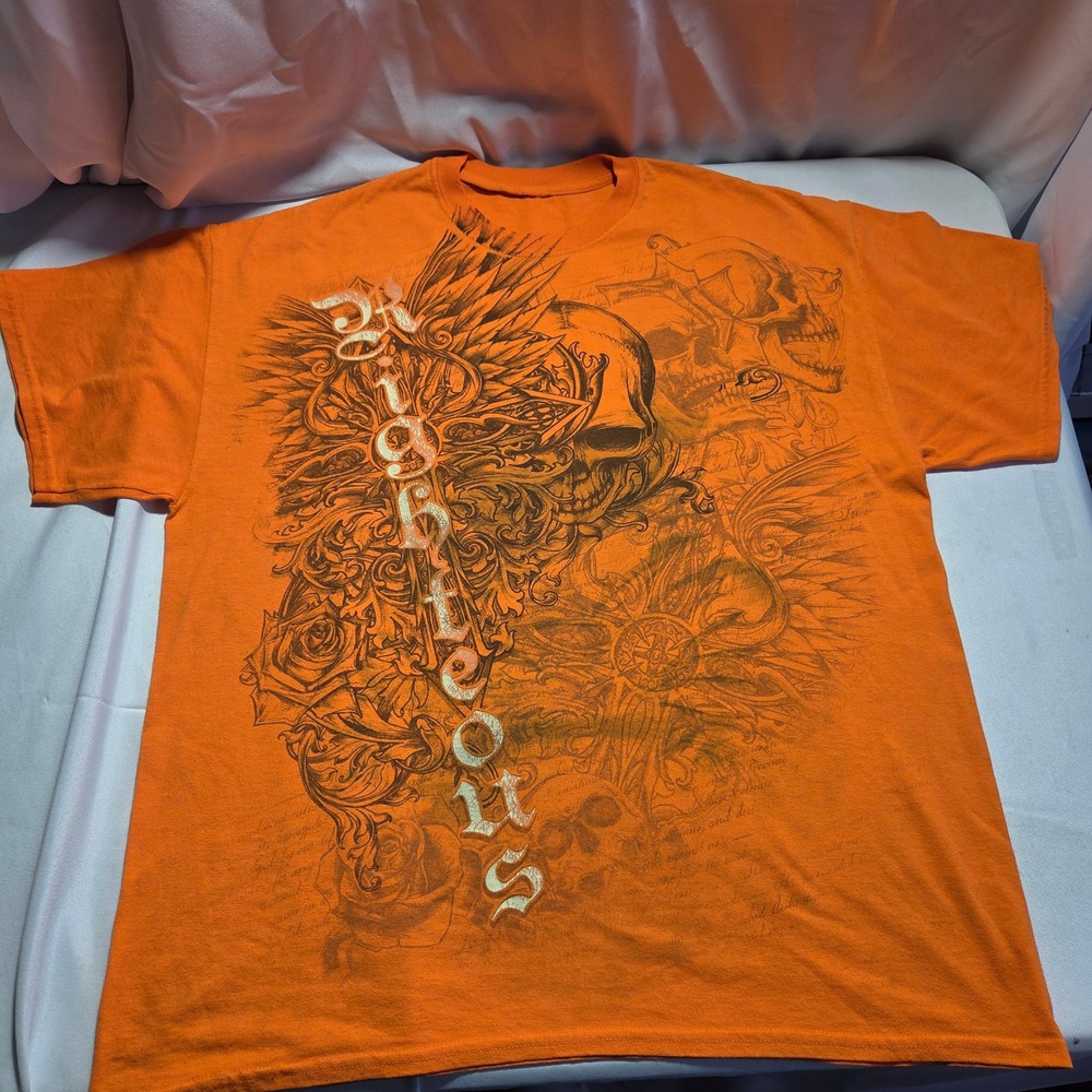 Righteous Orange Skull Wing Graphic T-Shirt Y2K Skater Baggy Grunge Tee XL